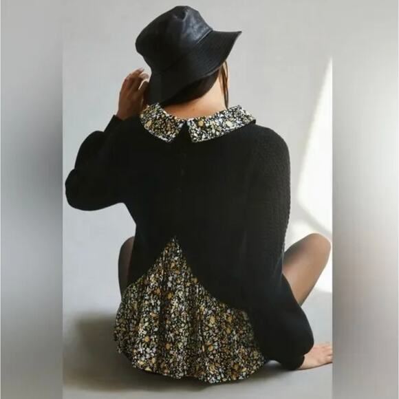 ANTHROPOLOGIE x MAEVE Textured Black Twofer Sweater Floral {G15} - Picture 1 of 7
